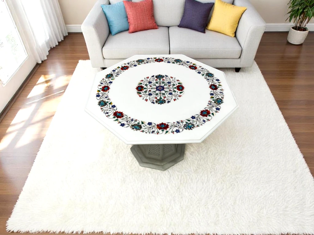 Handcrafted Marble Inlay Side Table with Stand Base